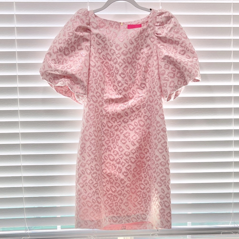 Lilly Pulitzer Size 6 Pink Leopard Puff Sleeve Sheath Mini Dress